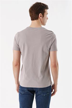 Erkek Açık Gri Basic Düz %100 Pamuk Bisiklet Yaka Slim Fit Dar Kesim Kısa Kollu Tişört