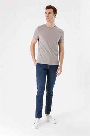 Erkek Açık Gri Basic Düz %100 Pamuk Bisiklet Yaka Slim Fit Dar Kesim Kısa Kollu Tişört