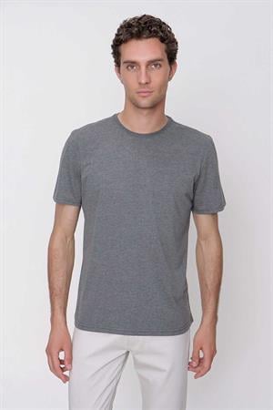 Erkek Antrasit Basic Düz %100 Pamuk Bisiklet Yaka Slim Fit Dar Kesim Kısa Kollu Tişört