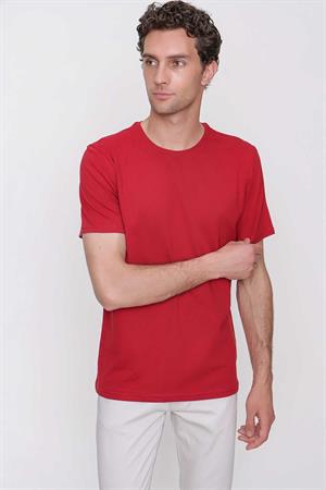 Erkek Bordo Basic Düz %100 Pamuk Bisiklet Yaka Slim Fit Dar Kesim Kısa Kollu Tişört