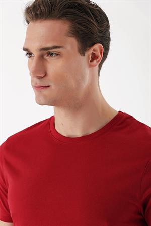 Erkek Bordo Basic Düz %100 Pamuk Bisiklet Yaka Slim Fit Dar Kesim Kısa Kollu Tişört