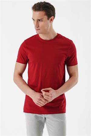 Erkek Bordo Basic Düz %100 Pamuk Bisiklet Yaka Slim Fit Dar Kesim Kısa Kollu Tişört