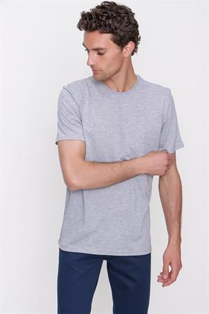 Erkek Gri Basic Düz %100 Pamuk Bisiklet Yaka Slim Fit Dar Kesim Kısa Kollu Tişört