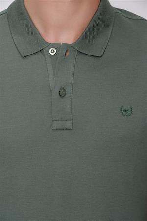Erkek Haki Basic Düz %100 Pamuk Slim Fit Dar Kesim Kısa Kollu Polo Yaka Tişört