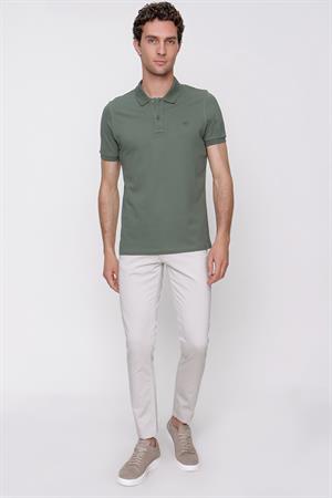 Erkek Haki Basic Düz %100 Pamuk Slim Fit Dar Kesim Kısa Kollu Polo Yaka Tişört