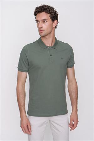 Erkek Haki Basic Düz %100 Pamuk Slim Fit Dar Kesim Kısa Kollu Polo Yaka Tişört