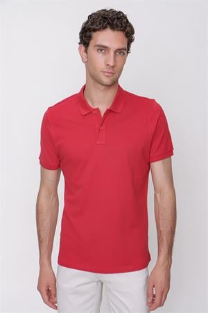 Erkek Kırmızı Basic Düz %100 Pamuk Slim Fit Dar Kesim Kısa Kollu Polo Yaka Tişört