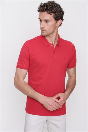 Erkek Kırmızı Basic Düz %100 Pamuk Slim Fit Dar Kesim Kısa Kollu Polo Yaka Tişört