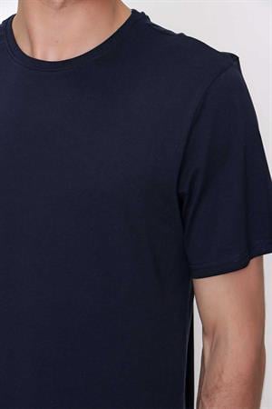 Erkek Lacivert Basic Düz %100 Pamuk Bisiklet Yaka Slim Fit Dar Kesim Kısa Kollu Tişört