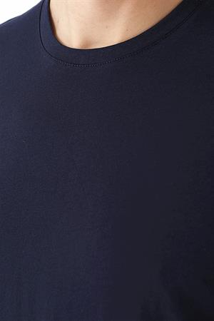 Erkek Lacivert Basic Düz %100 Pamuk Bisiklet Yaka Slim Fit Dar Kesim Kısa Kollu Tişört