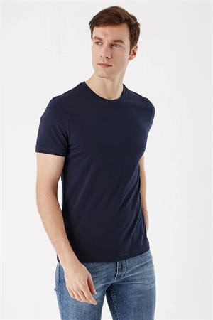 Erkek Lacivert Basic Düz %100 Pamuk Bisiklet Yaka Slim Fit Dar Kesim Kısa Kollu Tişört