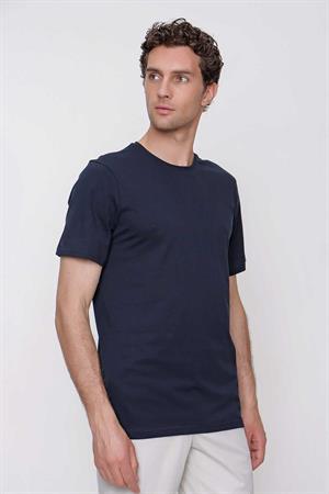Erkek Lacivert Basic Düz %100 Pamuk Bisiklet Yaka Slim Fit Dar Kesim Kısa Kollu Tişört