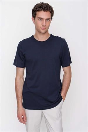 Erkek Lacivert Basic Düz %100 Pamuk Bisiklet Yaka Slim Fit Dar Kesim Kısa Kollu Tişört