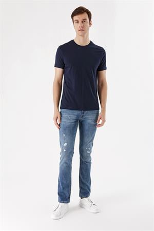 Erkek Lacivert Basic Düz %100 Pamuk Bisiklet Yaka Slim Fit Dar Kesim Kısa Kollu Tişört