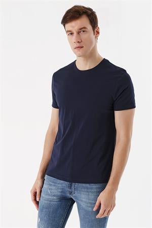 Erkek Lacivert Basic Düz %100 Pamuk Bisiklet Yaka Slim Fit Dar Kesim Kısa Kollu Tişört
