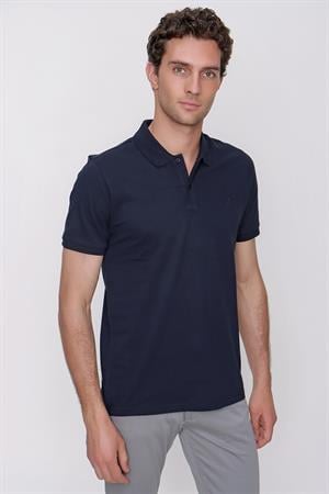 Erkek Lacivert Basic Düz %100 Pamuk Slim Fit Dar Kesim Kısa Kollu Polo Yaka Tişört