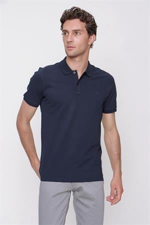 Erkek Lacivert Basic Düz %100 Pamuk Slim Fit Dar Kesim Kısa Kollu Polo Yaka Tişört