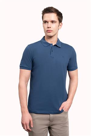 Erkek Marine Basic Düz %100 Pamuk Slim Fit Dar Kesim Kısa Kollu Polo Yaka Tişört