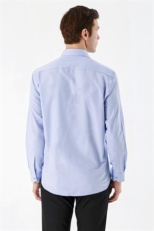 Erkek Mavi Slim Fit Dar Kesim Düz Sert Yaka Uzun Kollu Gömlek