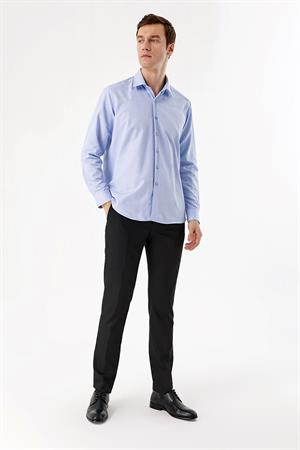 Erkek Mavi Slim Fit Dar Kesim Düz Sert Yaka Uzun Kollu Gömlek