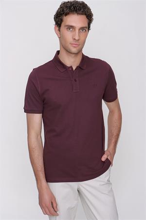 Erkek Mürdüm Basic Düz %100 Pamuk Slim Fit Dar Kesim Kısa Kollu Polo Yaka Tişört