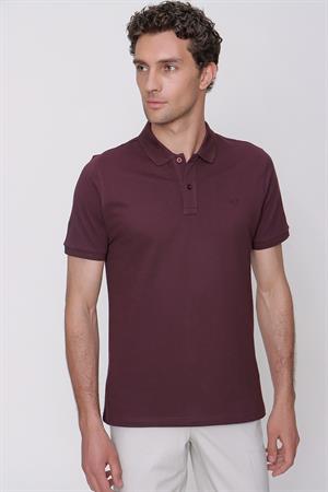 Erkek Mürdüm Basic Düz %100 Pamuk Slim Fit Dar Kesim Kısa Kollu Polo Yaka Tişört