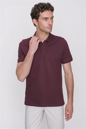 Erkek Mürdüm Basic Düz %100 Pamuk Slim Fit Dar Kesim Kısa Kollu Polo Yaka Tişört
