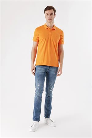 Erkek Oranj Basic Düz %100 Pamuk Slim Fit Dar Kesim Kısa Kollu  Polo Yaka Tişört