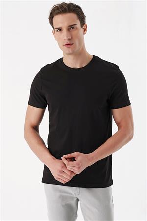 Erkek Siyah Basic Düz %100 Pamuk Bisiklet Yaka Slim Fit Dar Kesim Kısa Kollu Tişört