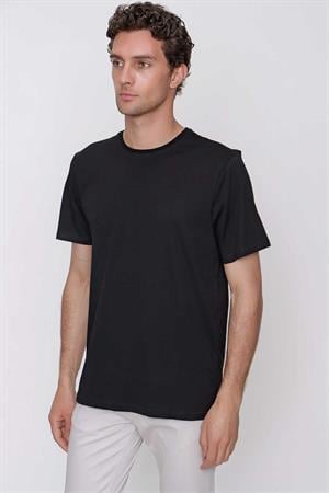 Erkek Siyah Basic Düz %100 Pamuk Bisiklet Yaka Slim Fit Dar Kesim Kısa Kollu Tişört