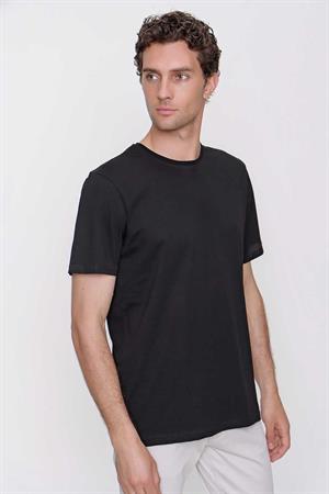 Erkek Siyah Basic Düz %100 Pamuk Bisiklet Yaka Slim Fit Dar Kesim Kısa Kollu Tişört
