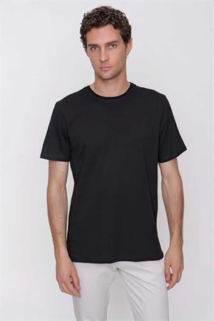 Erkek Siyah Basic Düz %100 Pamuk Bisiklet Yaka Slim Fit Dar Kesim Kısa Kollu Tişört