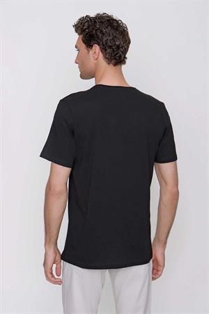 Erkek Siyah Basic Düz %100 Pamuk Bisiklet Yaka Slim Fit Dar Kesim Kısa Kollu Tişört