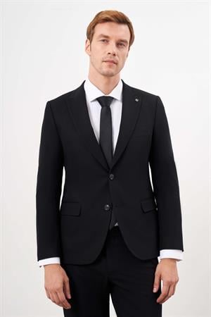 Erkek Siyah Basic Düz Slim Fit 3lü Takım Elbise Slim Fit Gömlek Düz Kravat