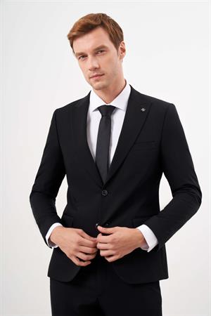 Erkek Siyah Basic Düz Slim Fit 3lü Takım Elbise Slim Fit Gömlek Düz Kravat