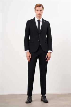 Erkek Siyah Basic Düz Slim Fit 3lü Takım Elbise Slim Fit Gömlek Düz Kravat