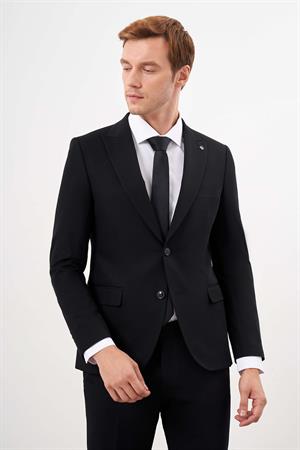 Erkek Siyah Basic Düz Slim Fit 3lü Takım Elbise Slim Fit Gömlek Düz Kravat