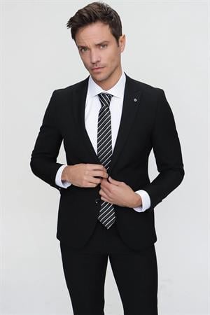 Erkek Siyah Basic Düz Slim Fit Dar Kesim 6 Drop Takım Elbise