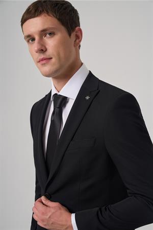 Erkek Siyah Basic Düz Slim Fit Dar Kesim Çift Yırtmaç Takım Elbise