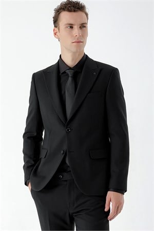 Erkek Siyah Basic Düz Slim Fit Takım Elbise (GÖMLEK,KRAVAT HEDİYE)
