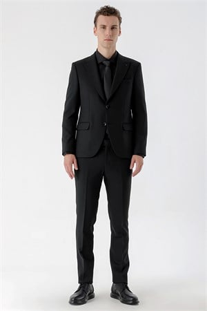 Erkek Siyah Basic Düz Slim Fit Takım Elbise (GÖMLEK,KRAVAT HEDİYE)