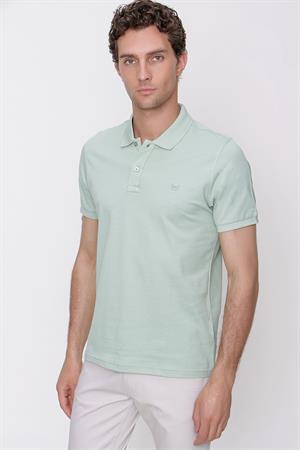 Erkek Su Yeşili Basic Düz %100 Pamuk Slim Fit Dar Kesim Kısa Kollu Polo Yaka Tişört