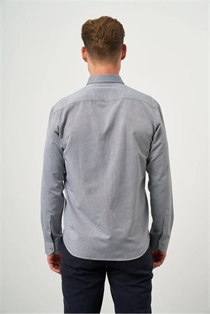 Gri Slim Fit Düğmeli Yaka Oxford Kolay Ütülenebilir Pamuklu HEDİYE KUTULU Uzun Kollu Gömlek