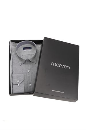 Gri Slim Fit Düğmeli Yaka Oxford Kolay Ütülenebilir Pamuklu HEDİYE KUTULU Uzun Kollu Gömlek