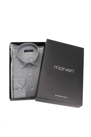 Gri Slim Fit Düğmeli Yaka Oxford Kolay Ütülenebilir Pamuklu HEDİYE KUTULU Uzun Kollu Gömlek