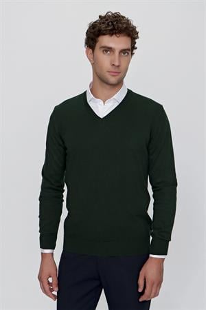 Haki Basic Dinamik Fit Rahat Kesim V Yaka Triko Kazak