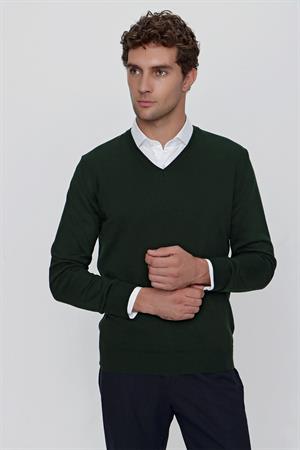 Haki Basic Dinamik Fit Rahat Kesim V Yaka Triko Kazak