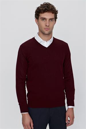 Koyu Bordo Basic Dinamik Fit Rahat Kesim V Yaka Triko Kazak