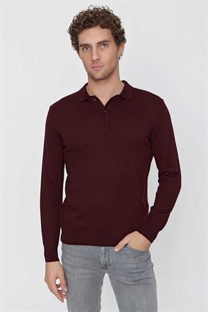 Koyu Bordo Basic Dinamik Fit Rahat Kesim Polo Yaka Triko Kazak