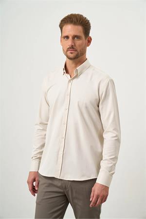 Kremrengi Düğmeli Yaka Kolay Ütülenebilir Oxford Pamuklu Slim Fit Gömlek